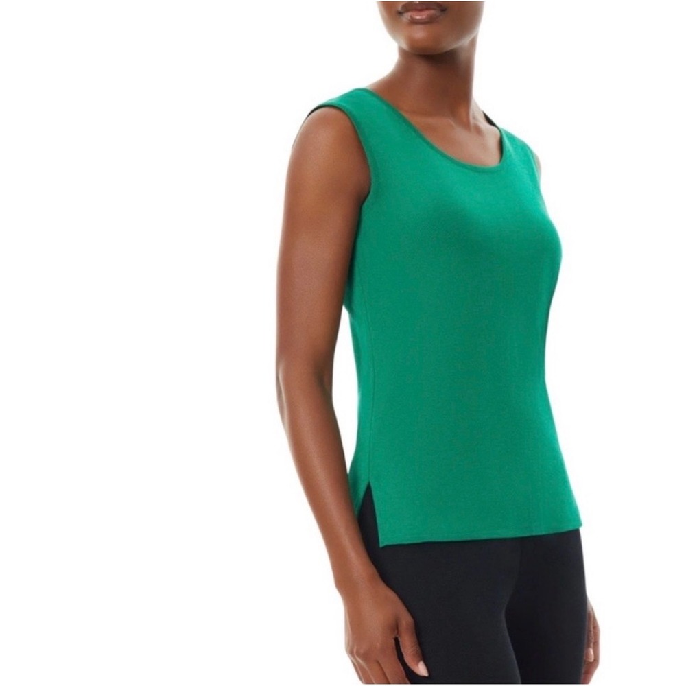 Ming Wang Knit Tank Top Women Large Green Side Slit Sleeveless Shell Classic‎